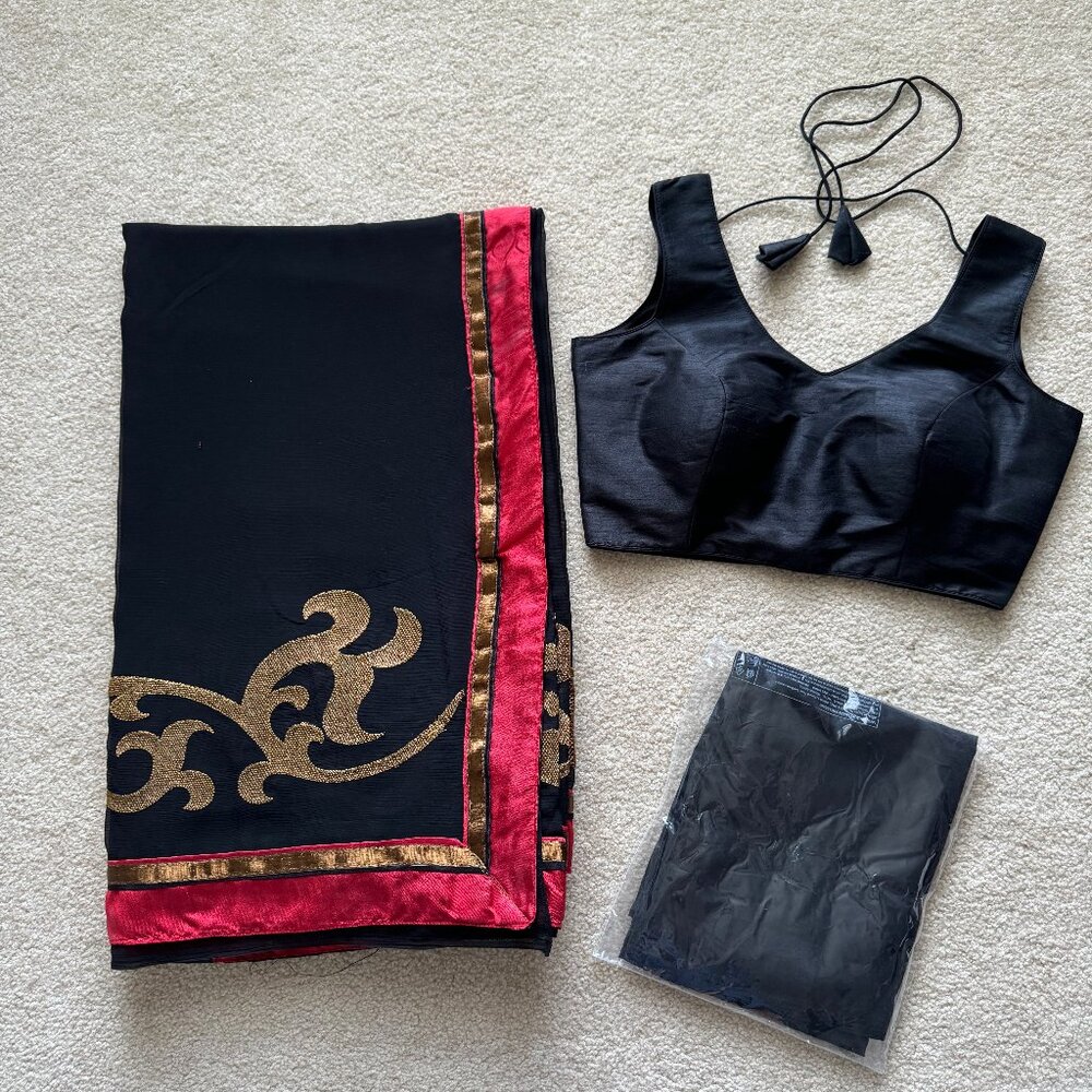 [NEW] Indian Pakistani Sari Saree Black Red Bundle XS/Small/Medium